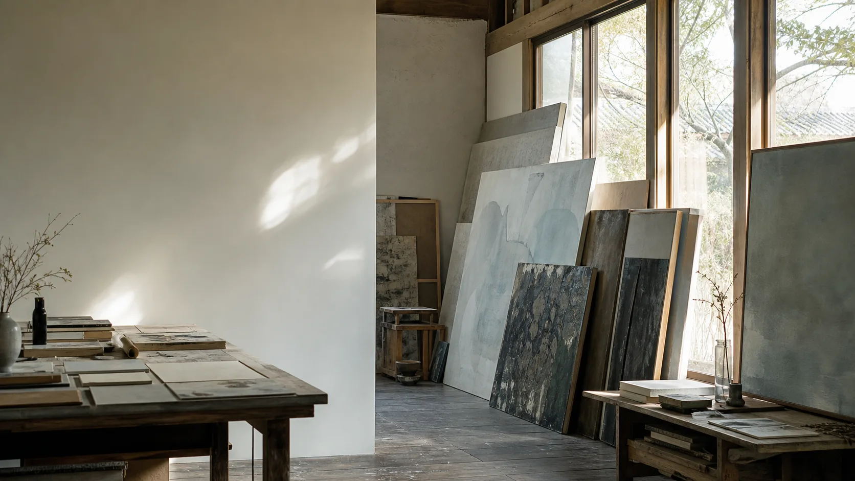 京都のアトリエに並ぶ現代アート作品