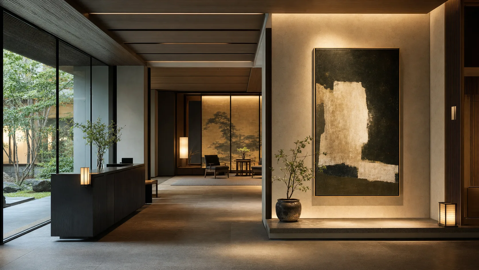 京都のホテルラウンジに展示された現代アート作品